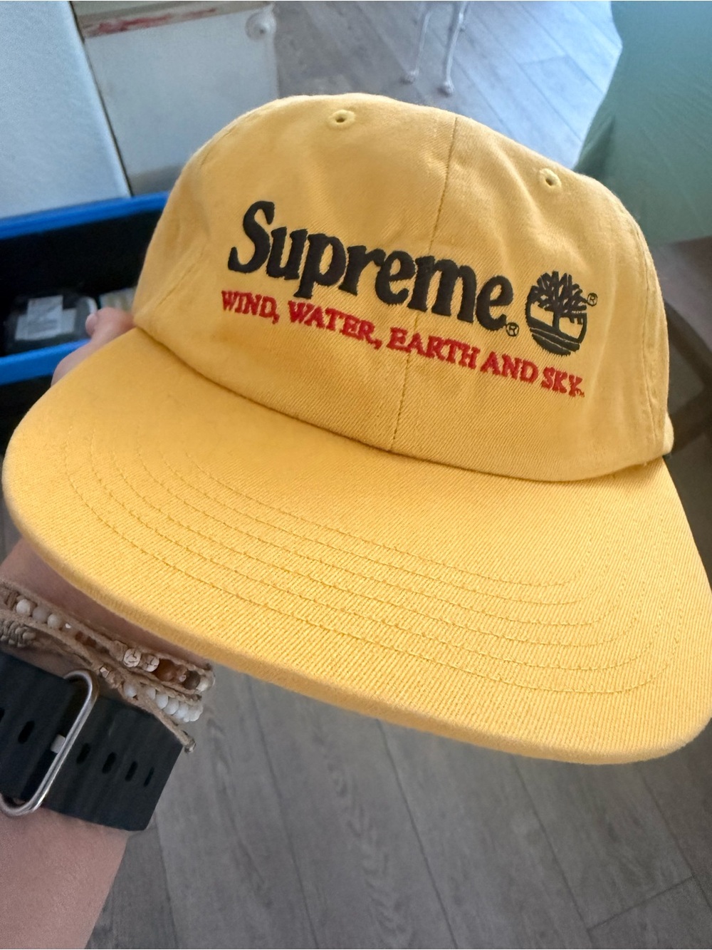 Supreme Timberland 6-Panel Yellow Embroidered Logo Hat with Red Accent